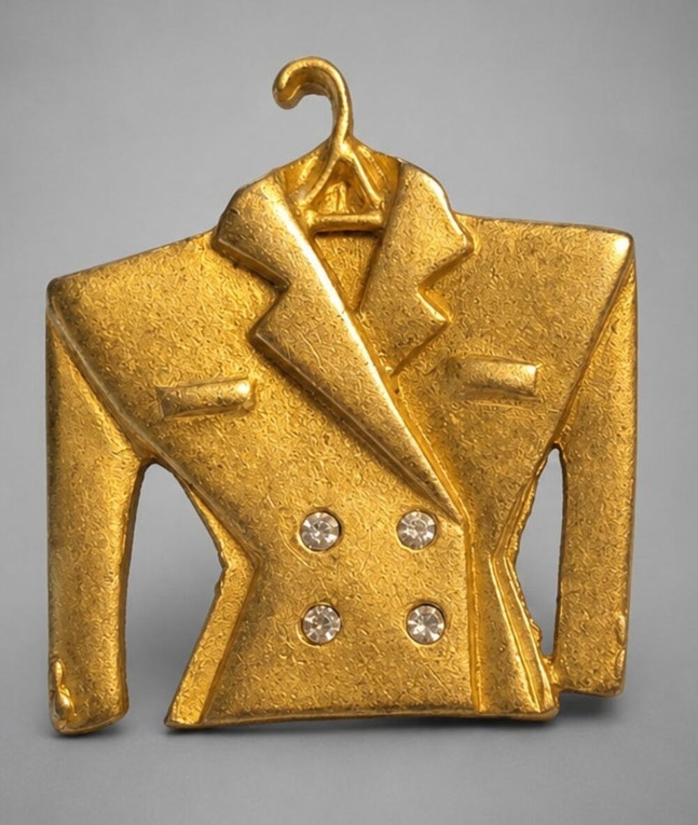 Vintage Gold Brooch Pin 1980s Power Suit Jacket Rhinestone Figural Retro